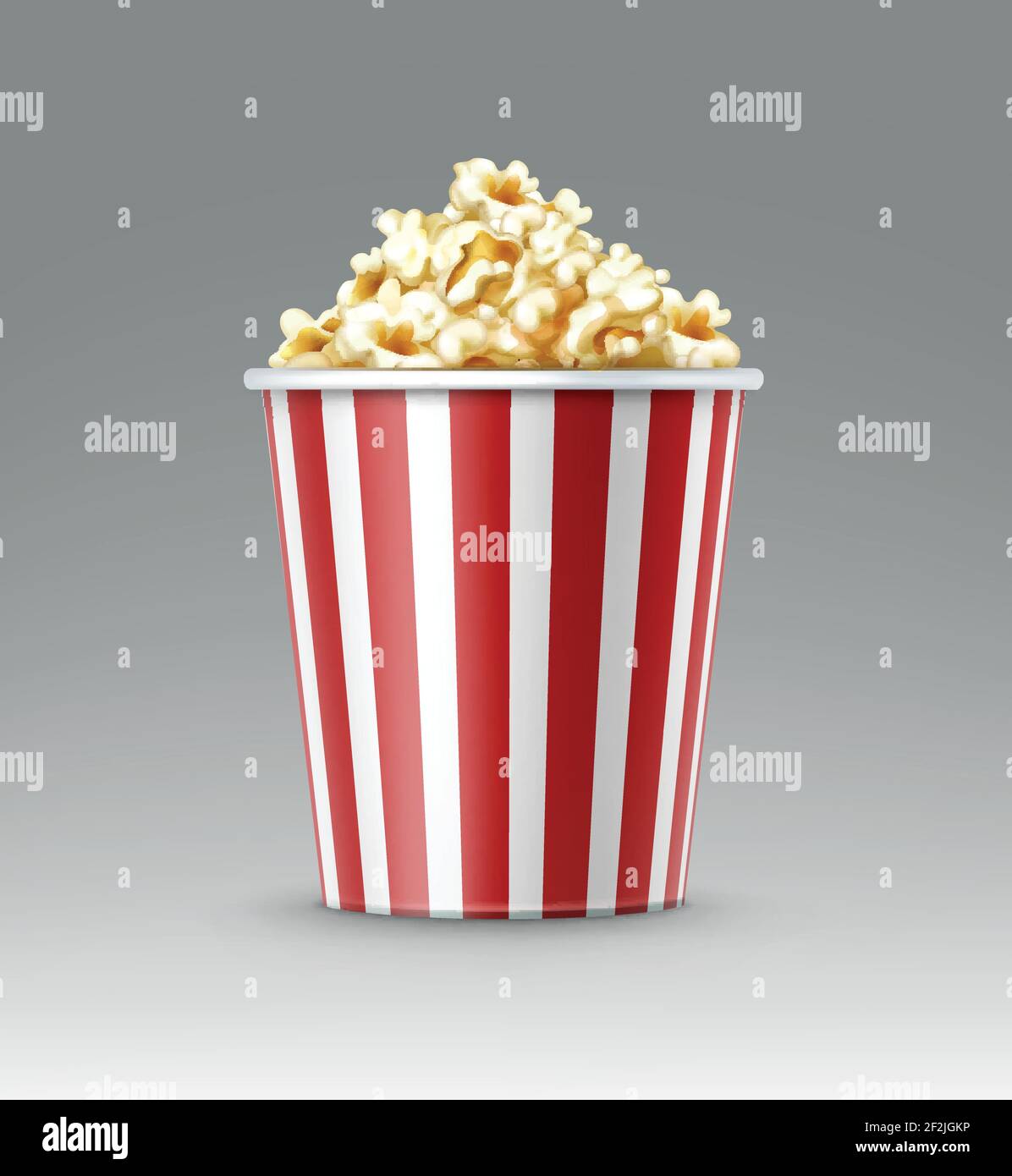 Vector white and red striped bucket of popcorn kernels close up side