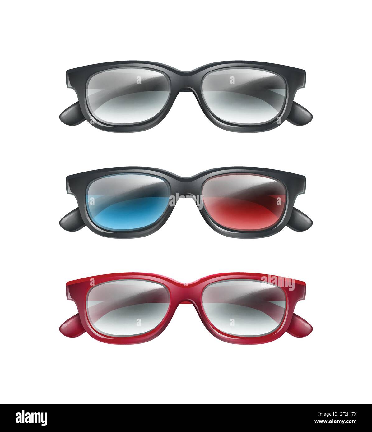 Vector set of black plastic 3d glasses top view isolated on gray ...