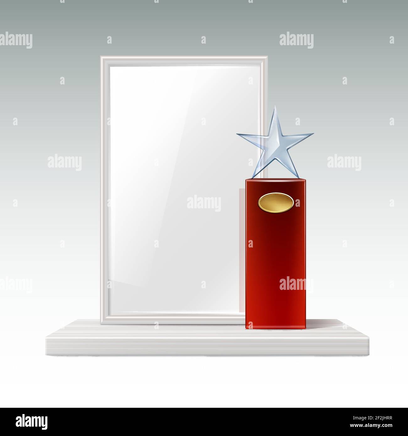 Vector glass star trophy with big red base, golden signboard and blank frame for copyspace front view isolated on white background Stock Vector