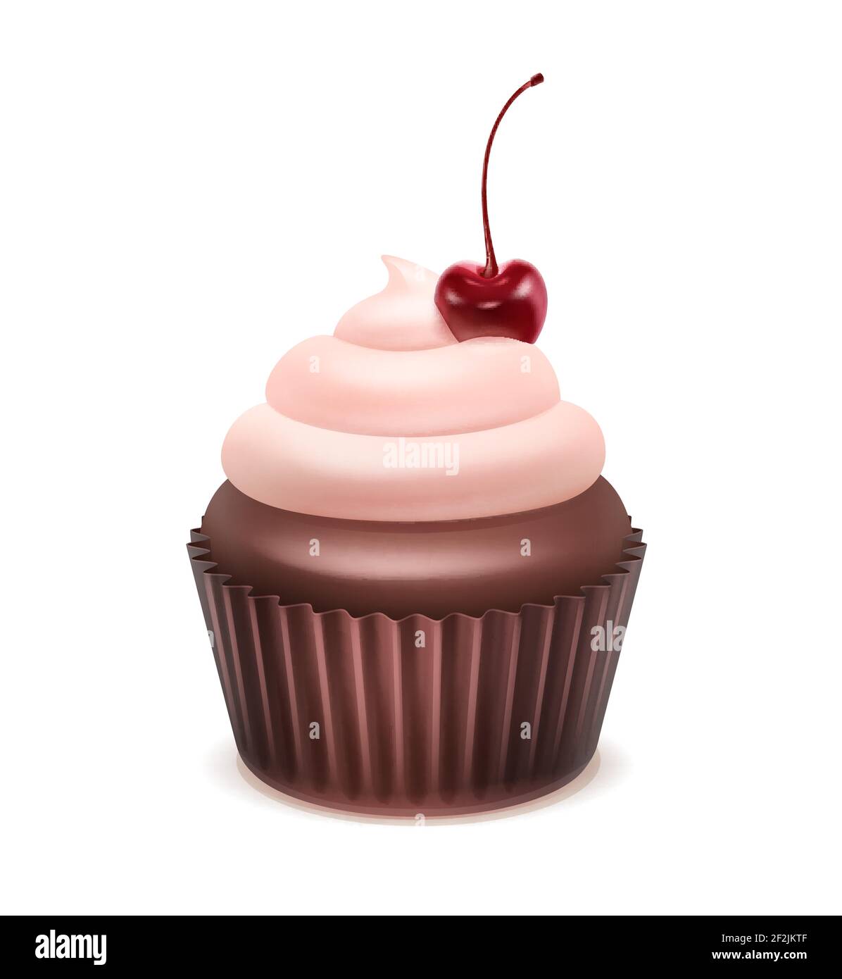 Vector Cupcake with pink whipped cream and cherry close up isolated on ...