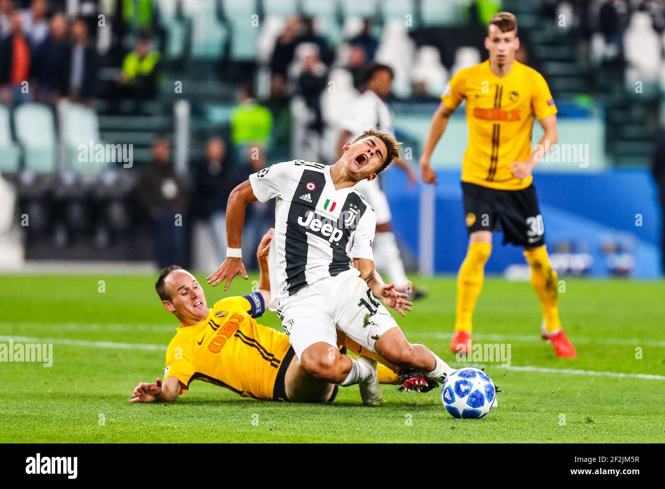 Paulo Dybala of Juventus is tackled by Steve von Bergen of Young Boys during the UEFA Champions League, Group H football match between Juventus and Young Boys on October 2, 2018 at Allianz stadium in Turin, Italy - Photo Morgese - Rossini / DPPI Stock Photo