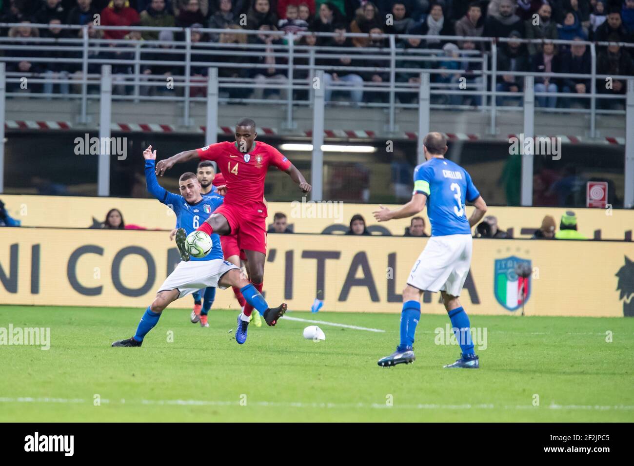 William Carvalho of Portugal and Marco Verratti of Italy during the UEFA Nations League 2018, League A, Group 3 football match between Italy and Portugal on November 17, 2018 at Giuseppe Meazza stadium in Milan, Italy - Photo Morgese - Rossini / DPPI Stock Photo