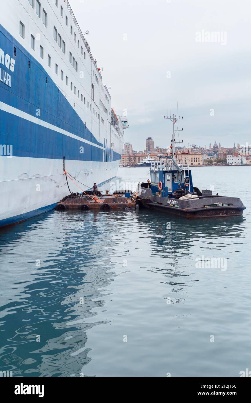 Marine vessel pumping out sewage from a ferry boat, Liguria, Italy, Europe Stock Photo