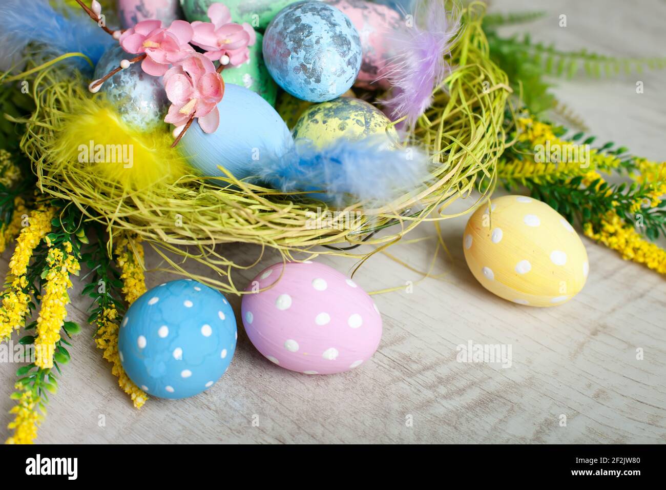 Happy Easter. Congratulatory easter background. Background with copy space. Selective focus. Horizontal. Stock Photo