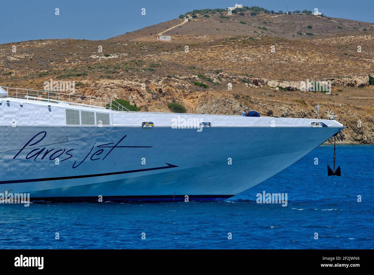 Paros, Greece August 7, 2019 A ferry boat with tourists approaching