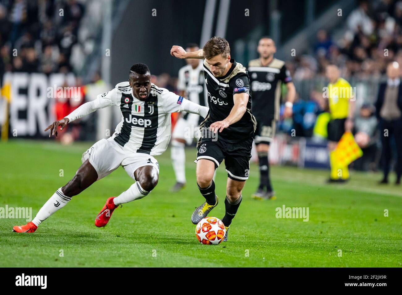 Blaise Matuidi of Juventus and Joel Veltman of Ajax during the UEFA Champions League, quarter-finals, 2nd leg football match between Juventus FC and AFC Ajax on April 16, 2019 at Juventus Stadium in Turin, Italy - Photo Morgese - Rossini / DPPI Stock Photo