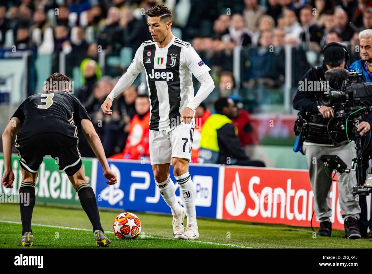 Cristiano Ronaldo of Juventus and Joel Veltman of Ajax during the UEFA Champions League, quarter-finals, 2nd leg football match between Juventus FC and AFC Ajax on April 16, 2019 at Juventus Stadium in Turin, Italy - Photo Morgese - Rossini / DPPI Stock Photo