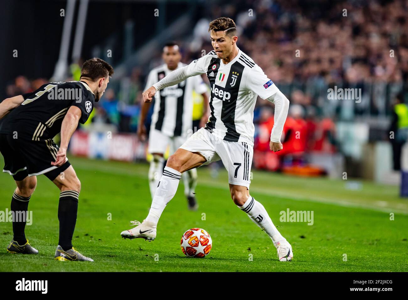 Cristiano Ronaldo of Juventus and Joel Veltman of Ajax during the UEFA Champions League, quarter-finals, 2nd leg football match between Juventus FC and AFC Ajax on April 16, 2019 at Juventus Stadium in Turin, Italy - Photo Morgese - Rossini / DPPI Stock Photo