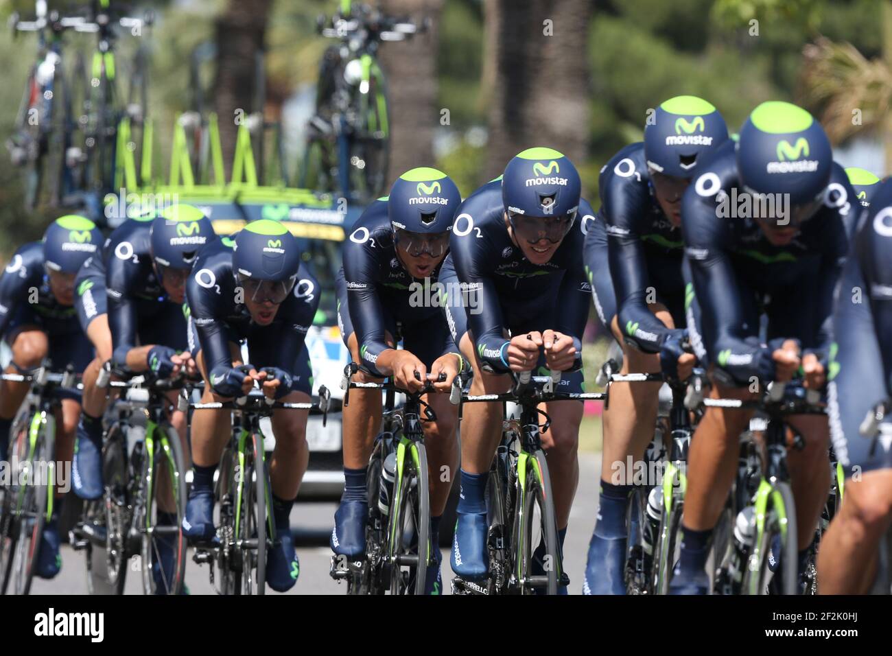 CYCLING - UCI WORLD TOUR - TOUR DE FRANCE 2013 - STAGE 4 - TEAM TIME TRIAL - Nice - Nice (25 km) - 02/07/2013 - PHOTO MANUEL BLONDEAU / DPPI - RIDERS OF MOVISTAR TEAM COMPETE DURING THE 25KM TEAM TIME-TRIAL Stock Photo
