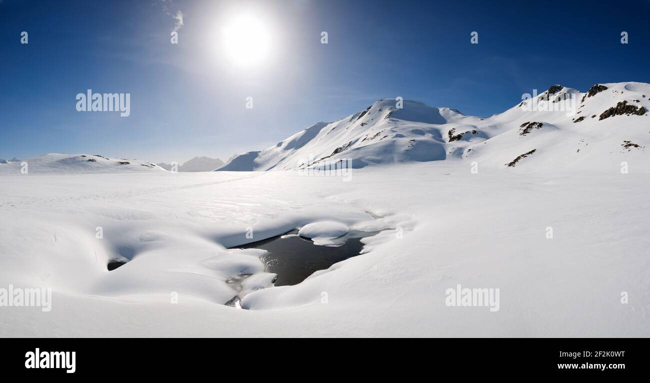 Snowy mountains in the Pyrenees in Canfranc Valley in Spanish Pyrenees. Stock Photo