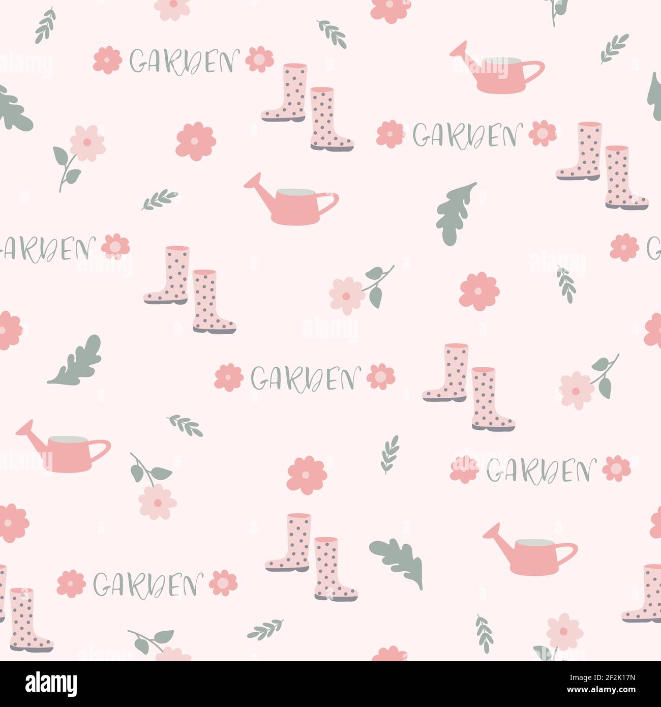 Cute pink garden seamless pattern. Spring flowers, pink boots, green leaves, watering can. Beautiful summer print. Flat hand drawn vector illustration Stock Vector