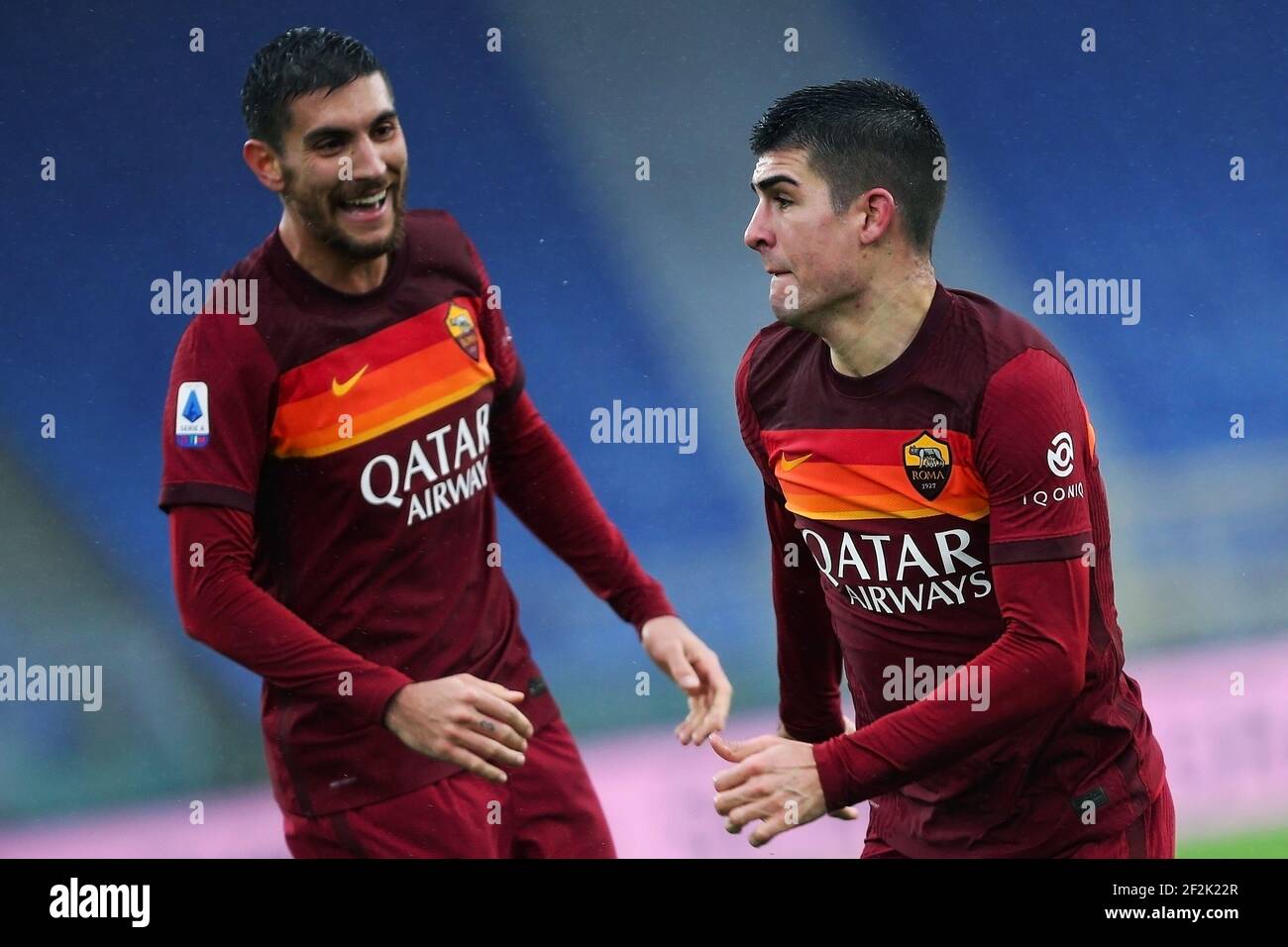 Gianluca Mancini Of Roma R Celebrates With Lorenzo Pelegrini After Scoring 2 2 Goal During The Italian Championship Serie A Football Match Between As Roma And Fc Internazionale On January 10 21 At