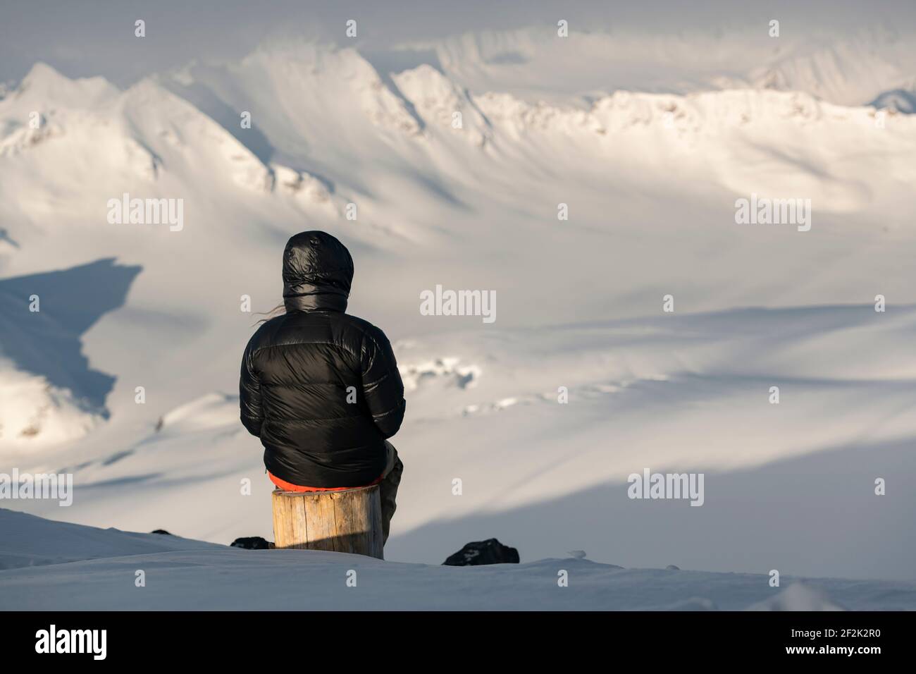 Rear view of man looking at view from snowcapped mountain Stock Photo