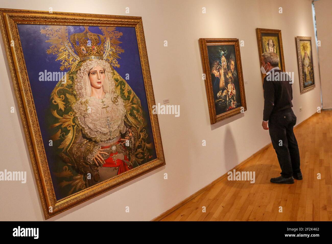 Malaga, Spain. March 12, 2021: March 12, 2021 (Malaga) to collective exhibition 'The Current Sacred Art in Malaga', which will accompany that of Azaustre, is composed of works by 12 prestigious artists. Visitors can admire the creations of RaÃºl Berzosa, Eugenio Chicano, Leonardo FernÃ¡ndez, Manuel Higueras, Antonio Montiel, Pepe Palma, Fernando Prini, Conchi Quesada, Félix Revello, Suso de Marcos, José MarÃ-a Ruiz Montes and Juan Vega. Nine painters and draughtsmen, and three sculptors (imagers), who offer the public part of the panorama of religious art in Malaga (Credit Image: © Lorenzo Car Stock Photo