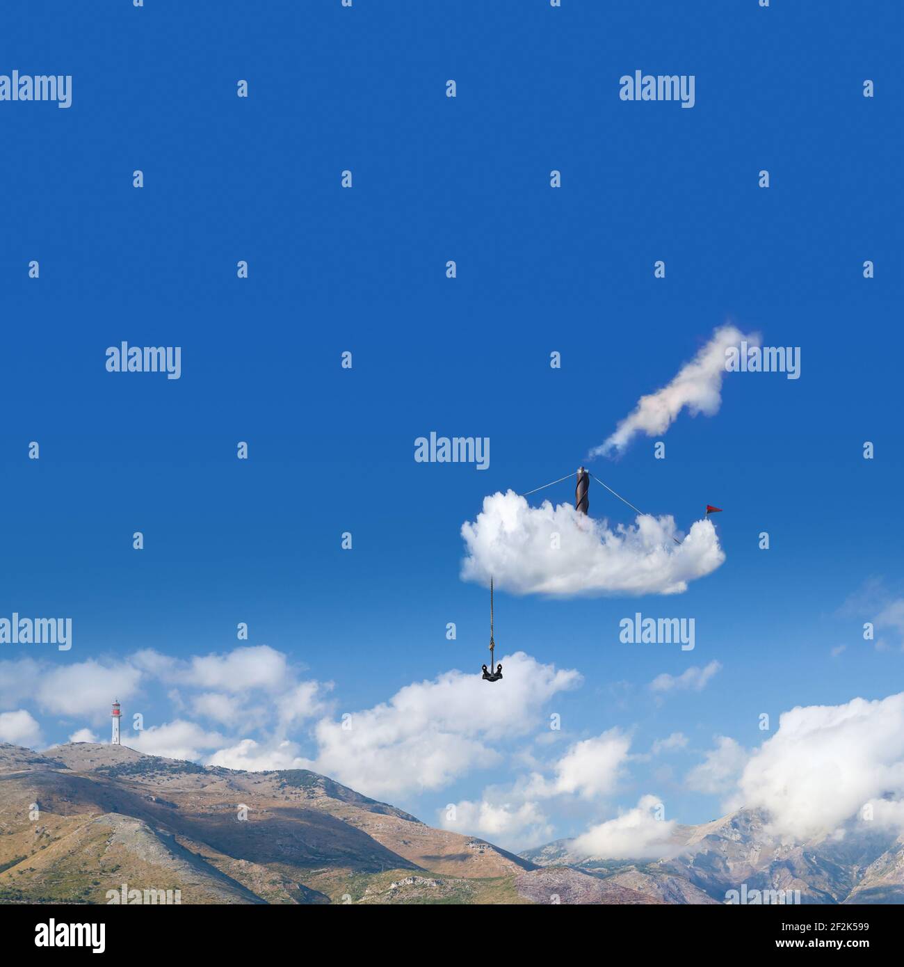 Cloud ship with an anchor and smoking chimney is in blue sky on a sunny ...