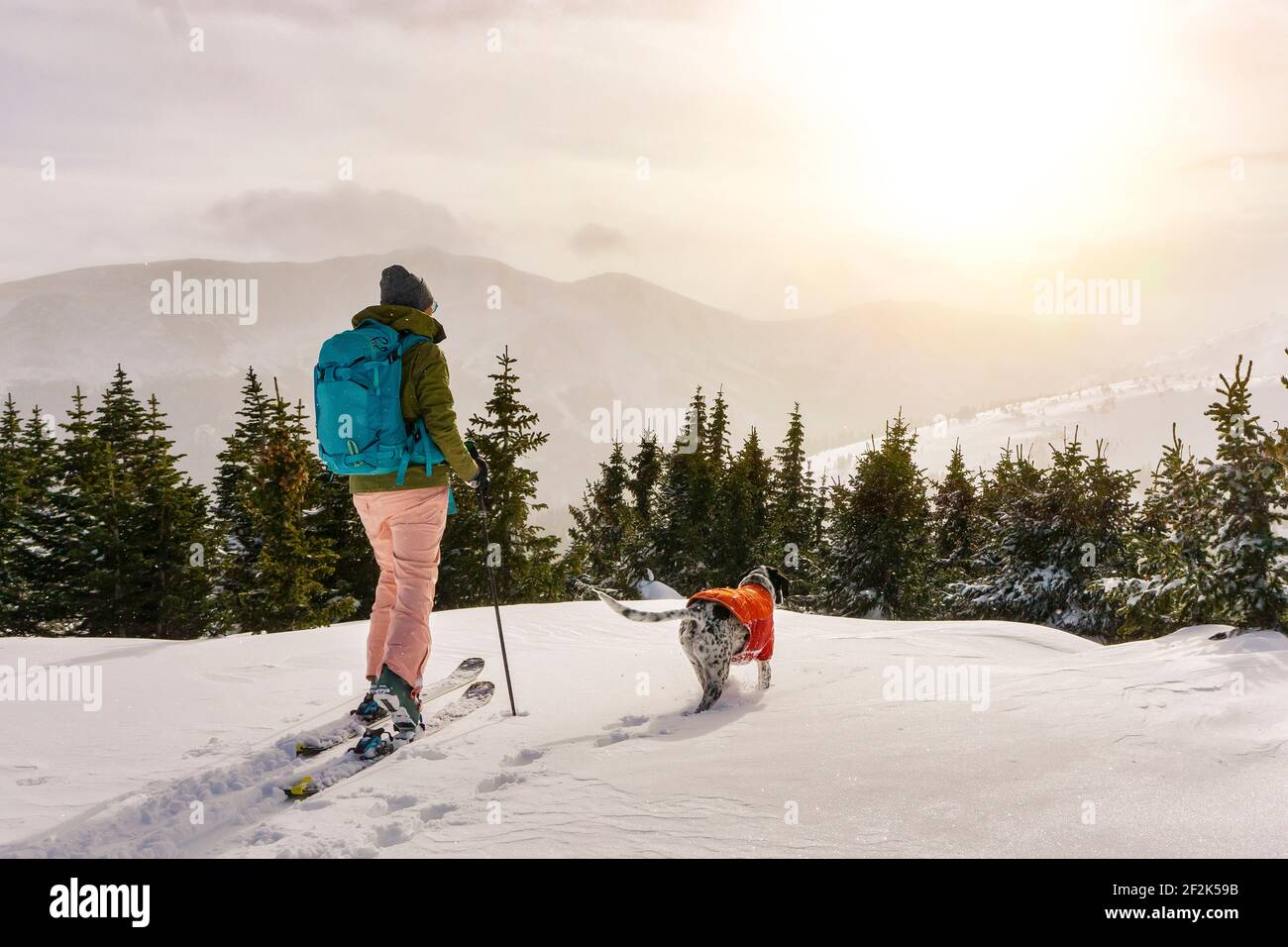 Woman splitboarding by dog against sky during vacation Stock Photo