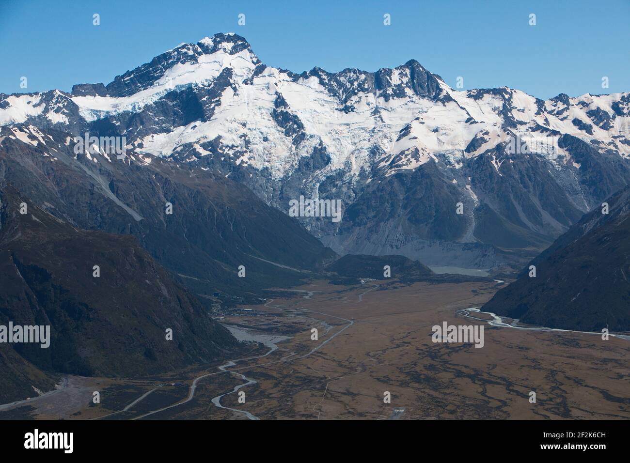 Aerial view of Hooker Valley in Mount Cook National Park on South Island of New Zealand Stock Photo