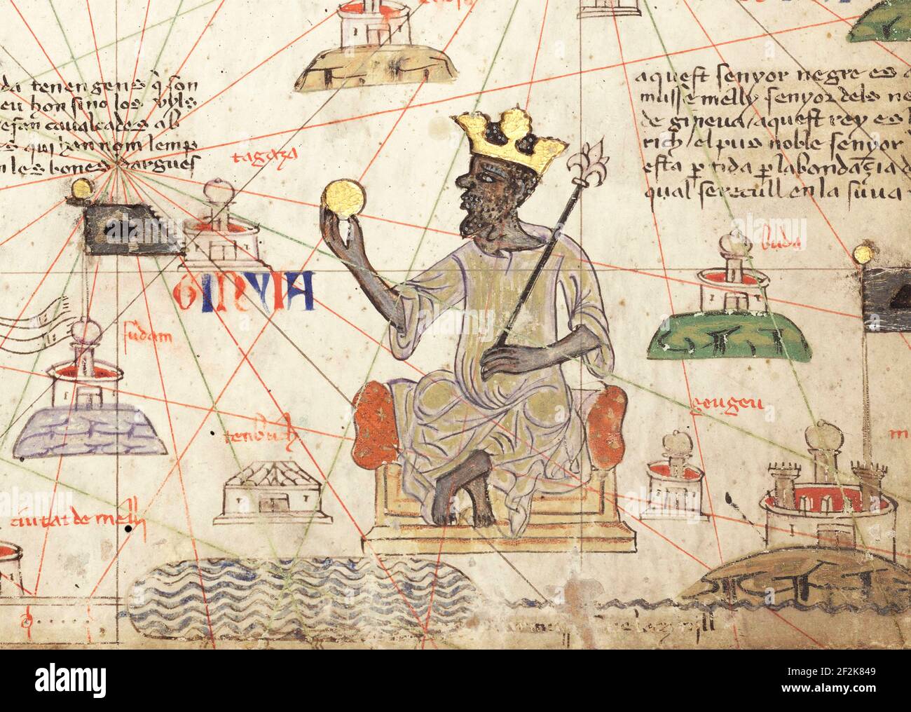 Mansa Musa. Detail from the Catalan Atlas showing the emperor of the Mali Empire, Musa I (c. 1280 - c. 1337 ) sitting on a throne and holding a gold coin; pen with coloured inks on parchment, 1375 Stock Photo