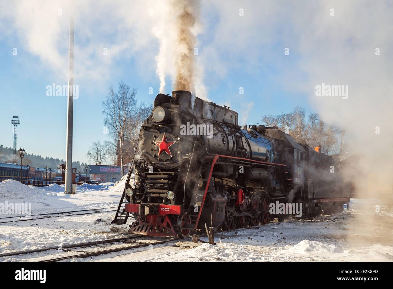 SORTAVALA, RUSSIA - MARCH 10, 2021: Steam locomotive LV-0522 (built in 1956) at Sortavala station getting ready for operation Stock Photo