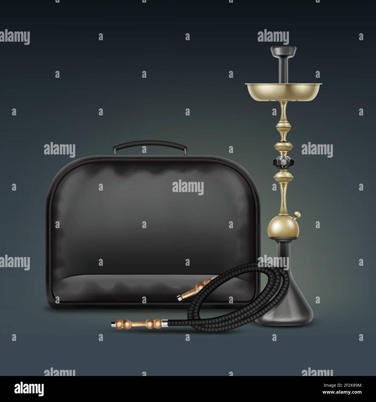 Vector golden nargile for tobacco smoking made of metal with coiled