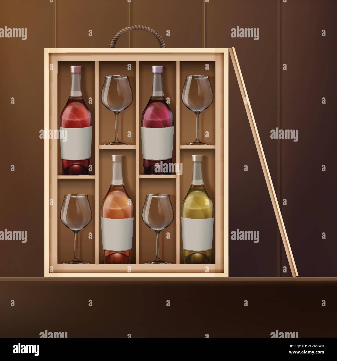 Vector wine bottles and wine glasses inside wooden box on shelf. Front view Stock Vector Image