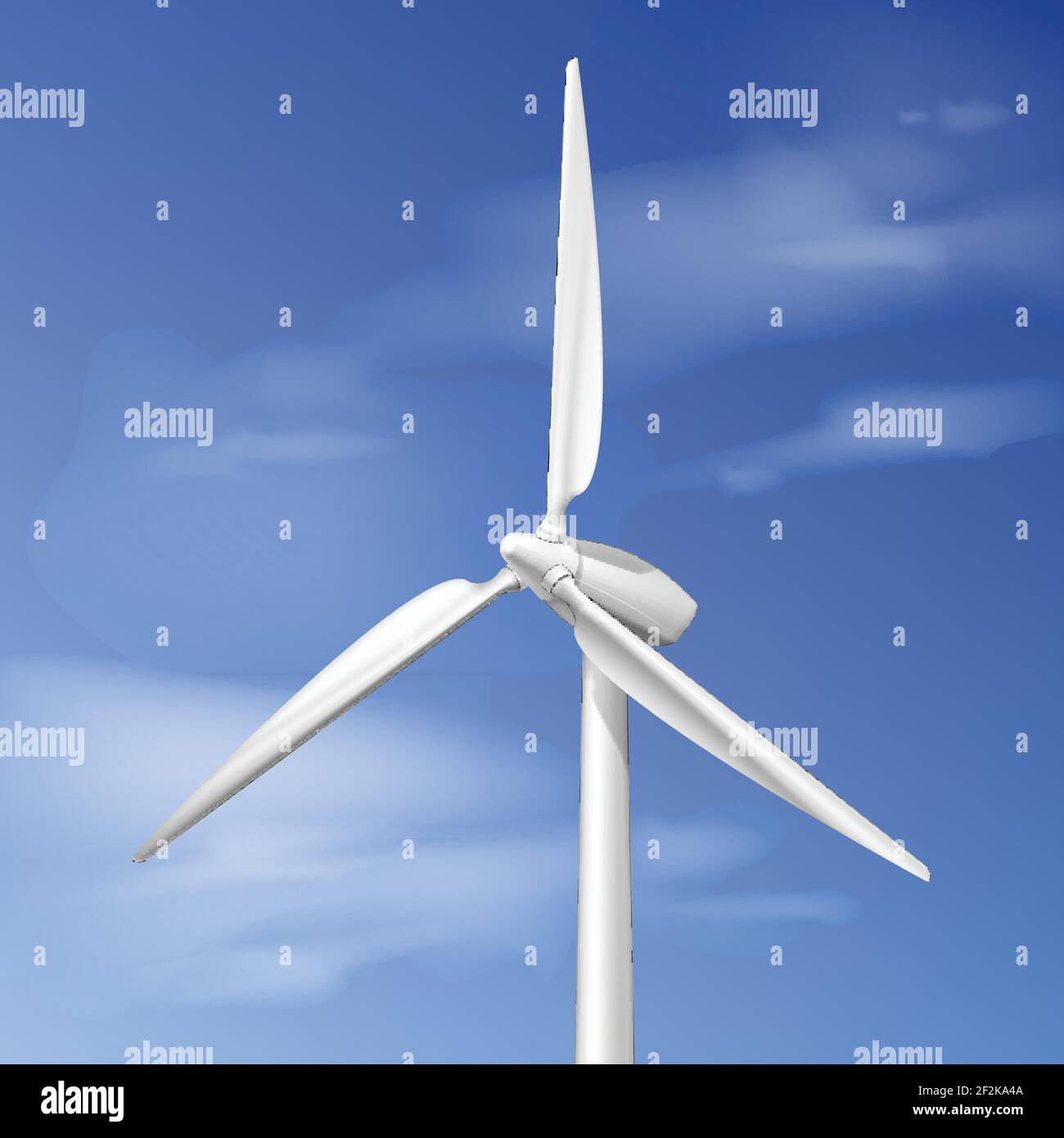 Vector illustration with wind turbine over blue cloudy sky Stock Vector