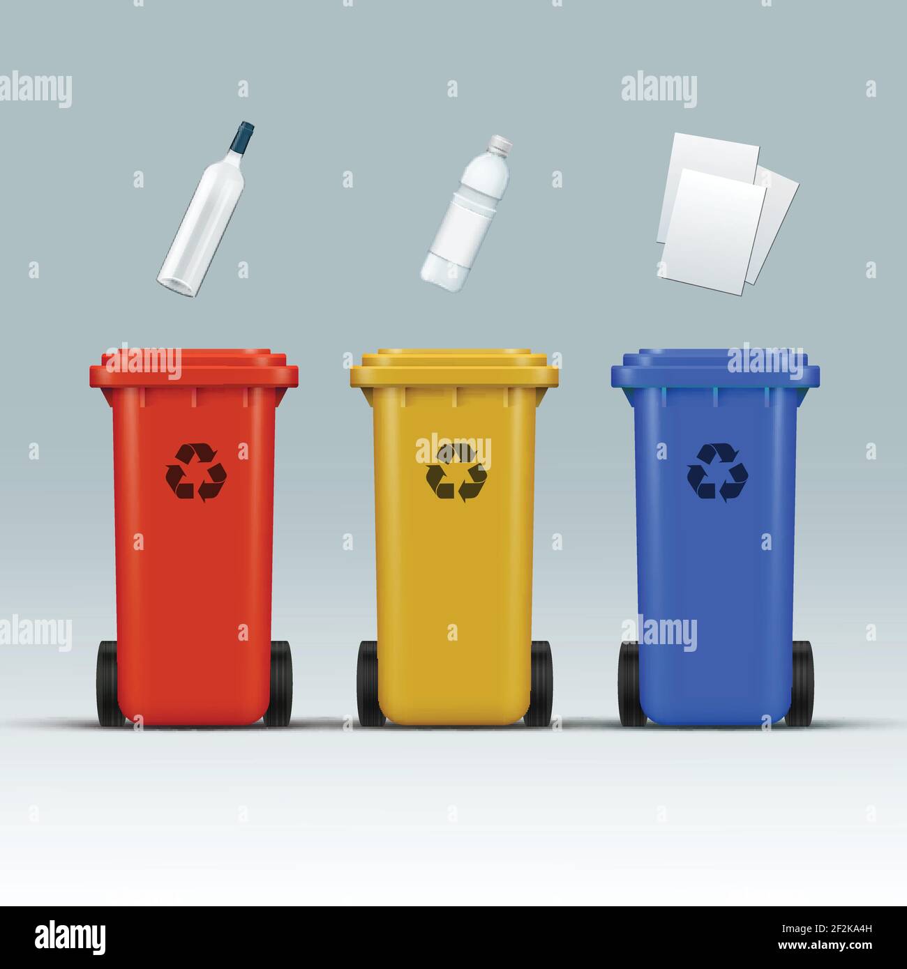 Vector set of red, yellow, blue recycle bins for glass, plastic, paper