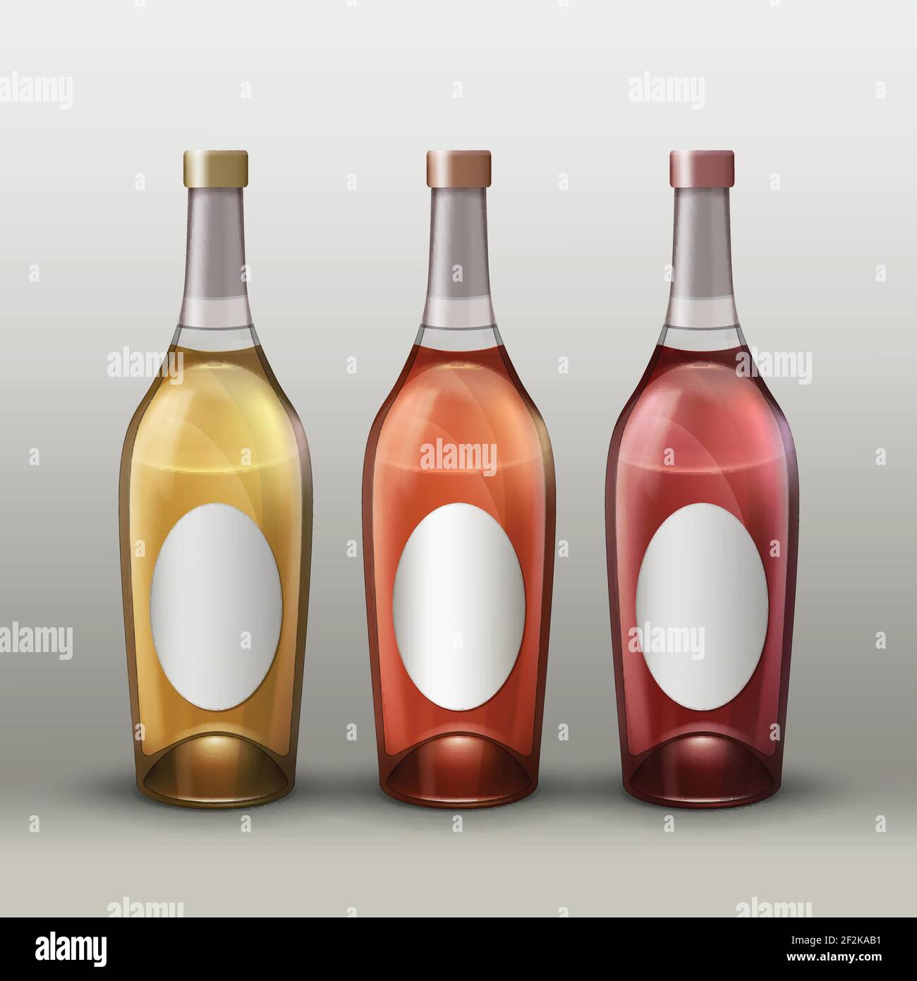 Vector set of full colored bottles with empty labels front view isolated on gradient background Stock Vector