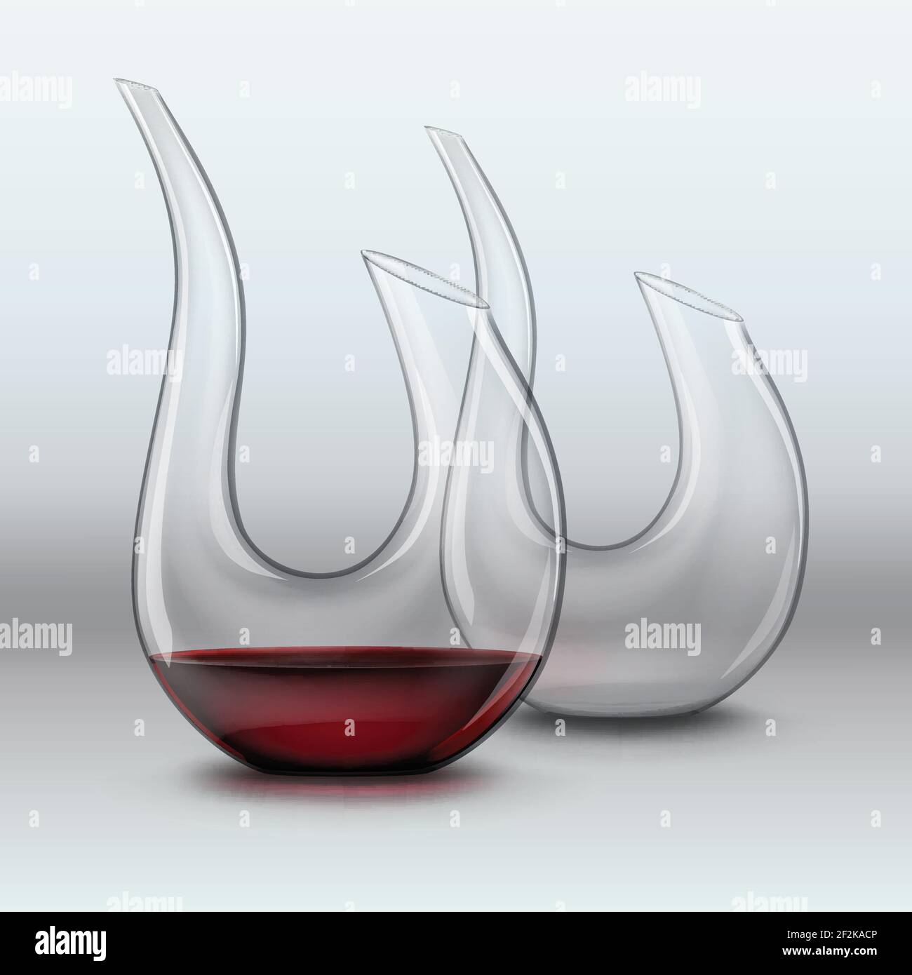 Vector illustration of graceful decanters, empty and with red wine on gray gradient background Stock Vector