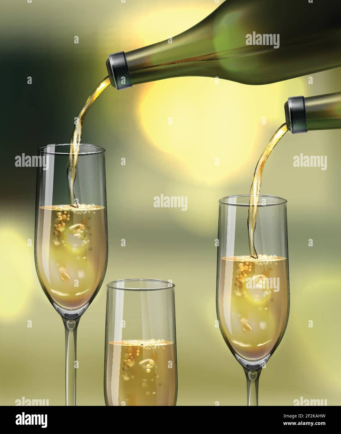 Vector champagne glasses and pouring from a bottles on bokeh background Stock Vector