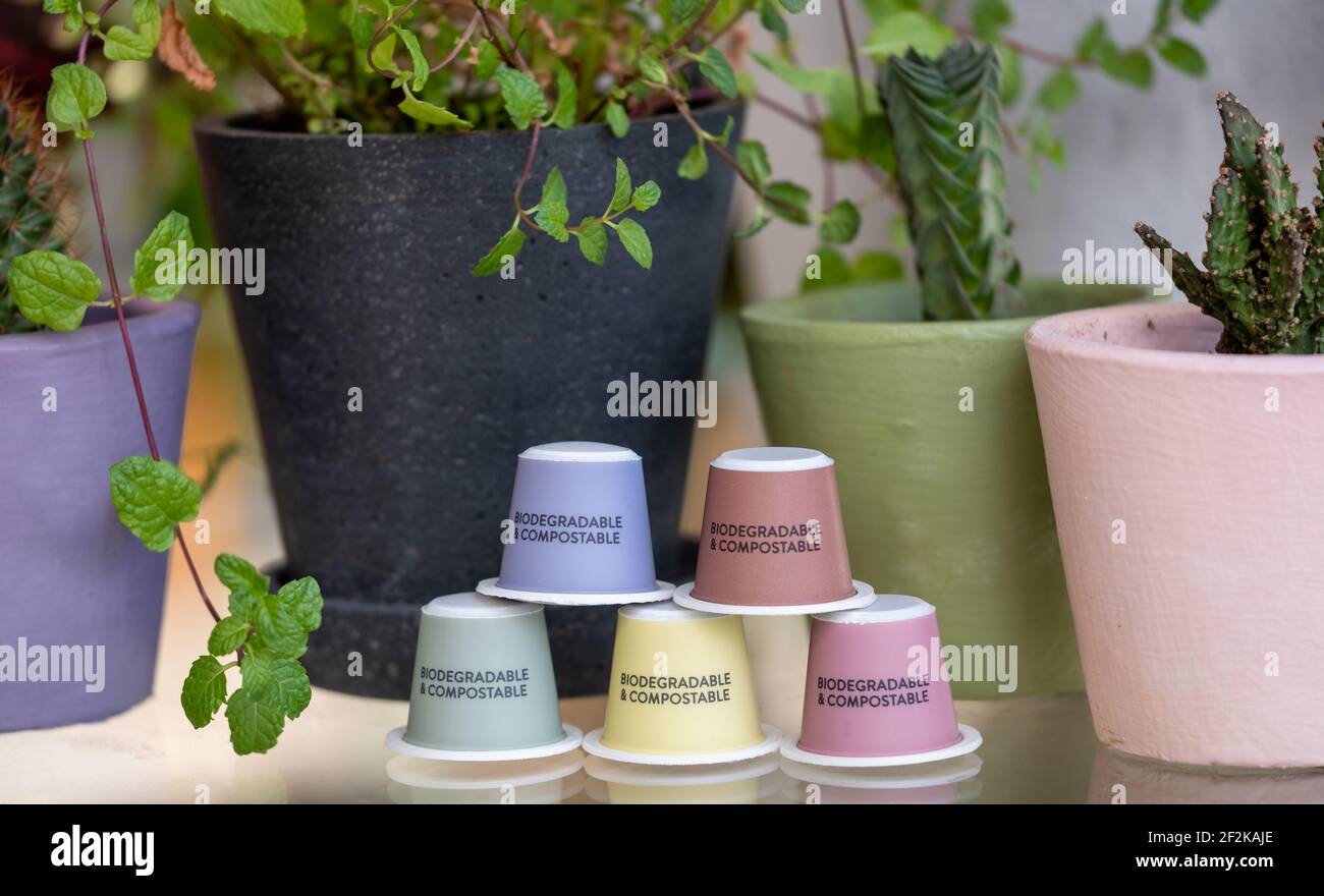 Colourful, sustainable eco friendly coffee capsules. The pods are
