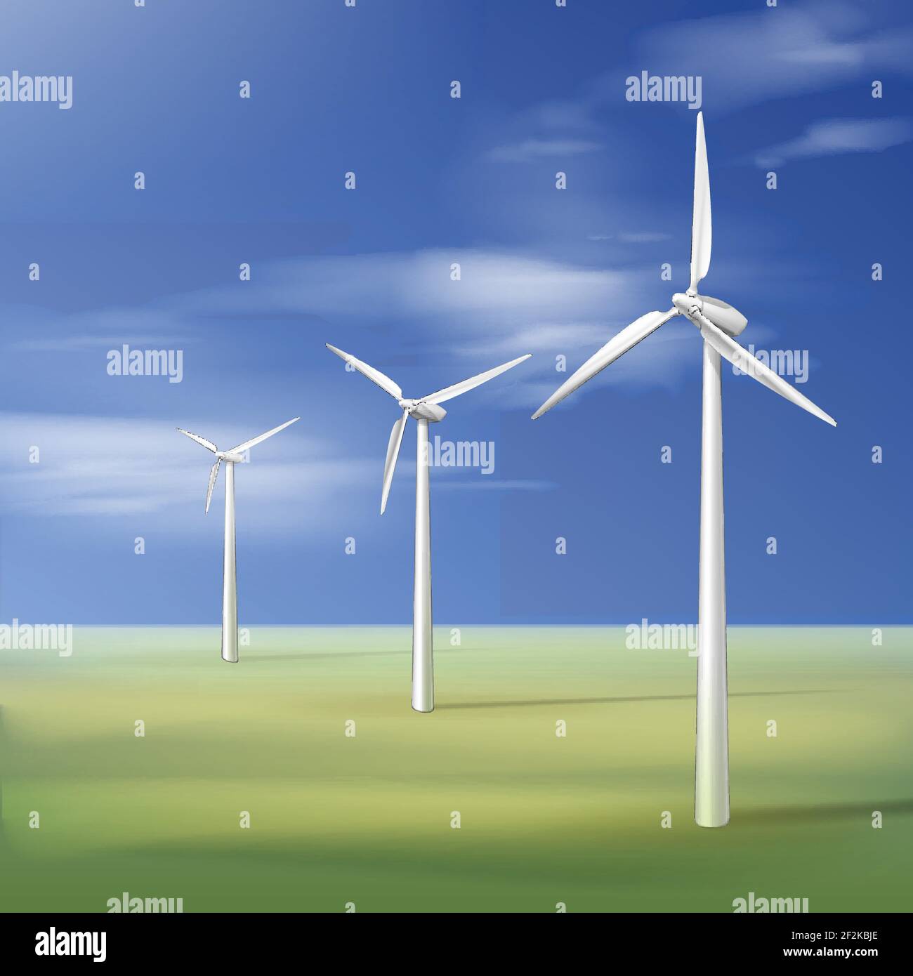 Vector illustration with wind turbines on the green grass over the blue ...