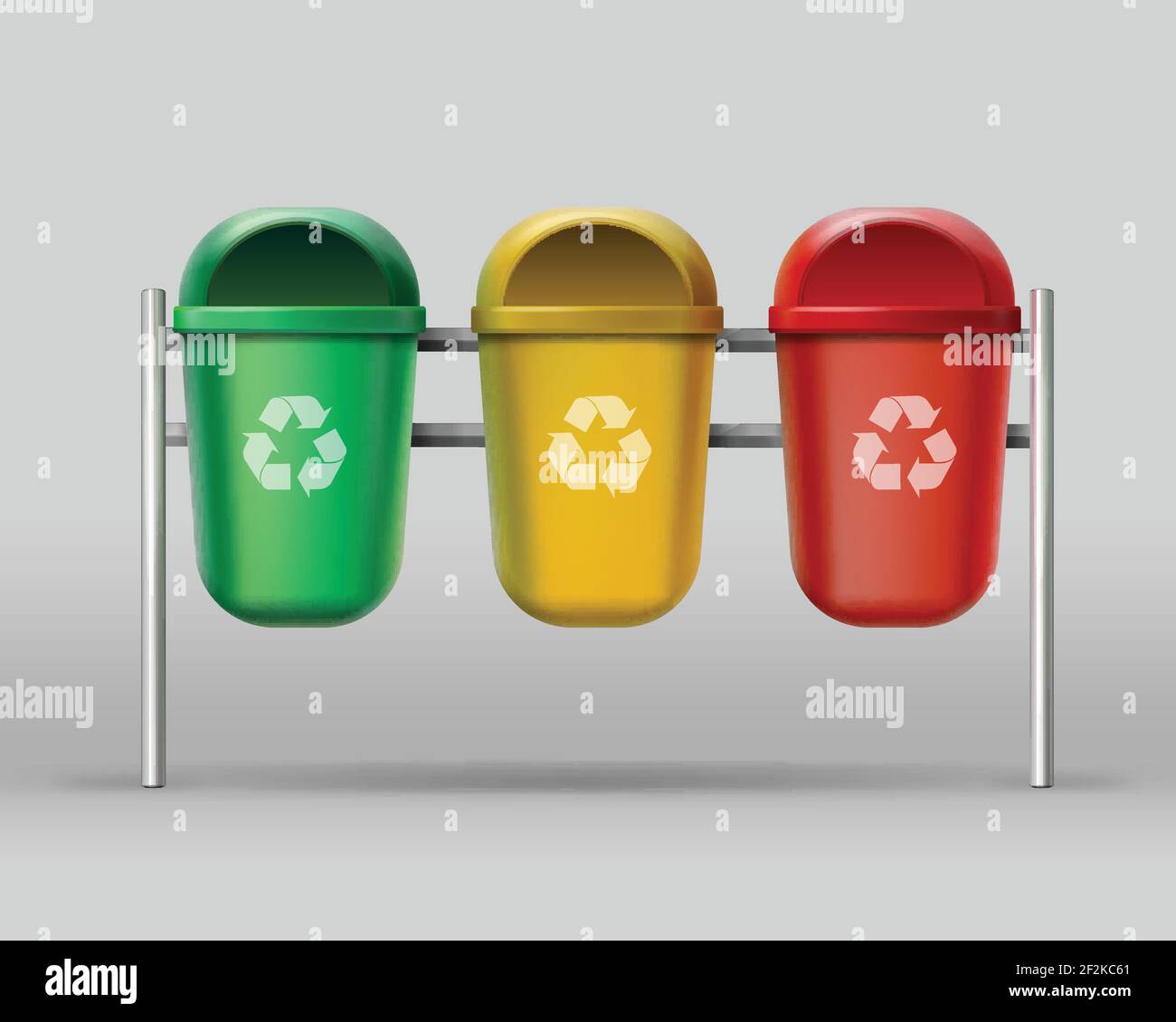 Vector set of red, yellow, green recycle bins for glass, plastic, paper