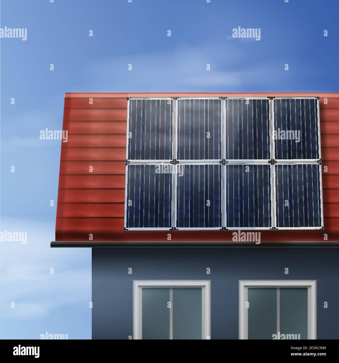 Vector portable solar panels isolated on tiled roof house with cloudy