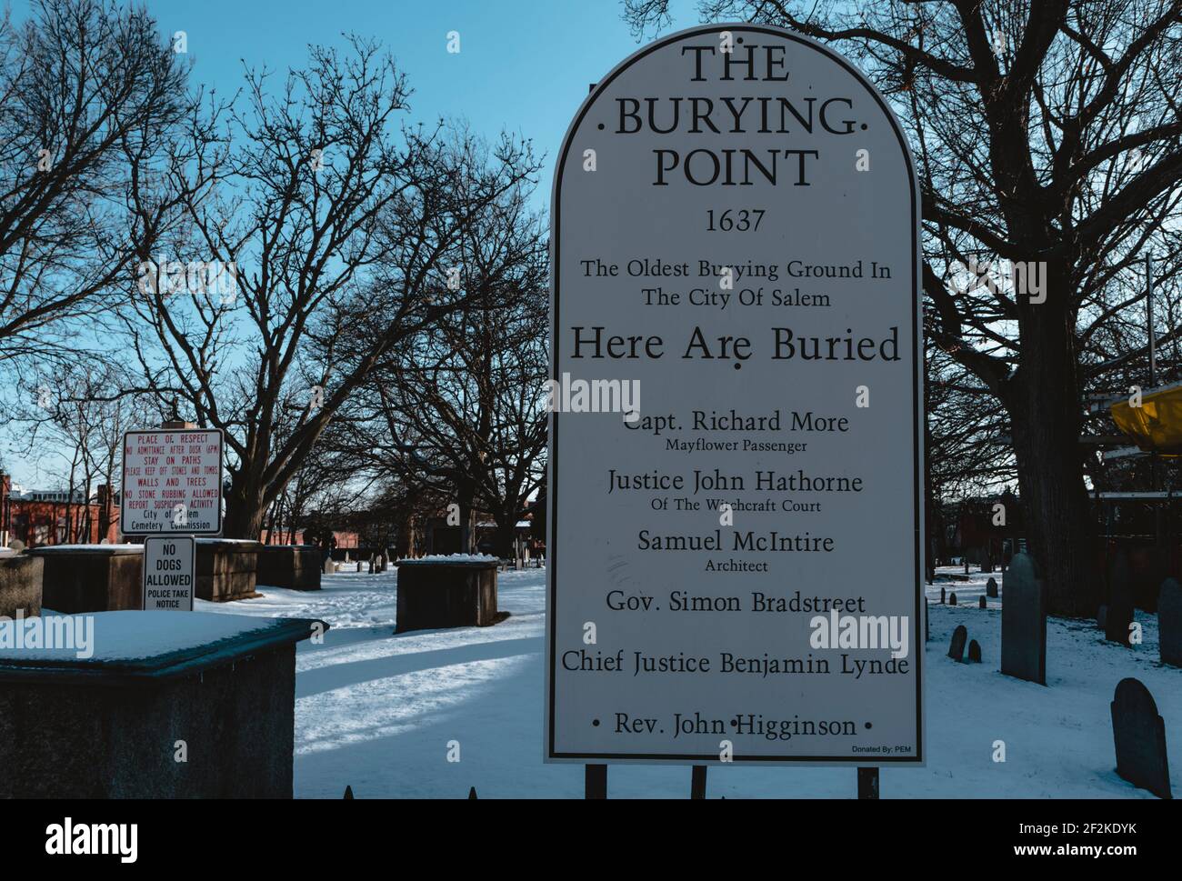 Winter in Witch City of Salem, Essex, New England, Boston, United States of America, Massachusetts, Graveyard of Witch burnings, Gravestone, Stock Photo