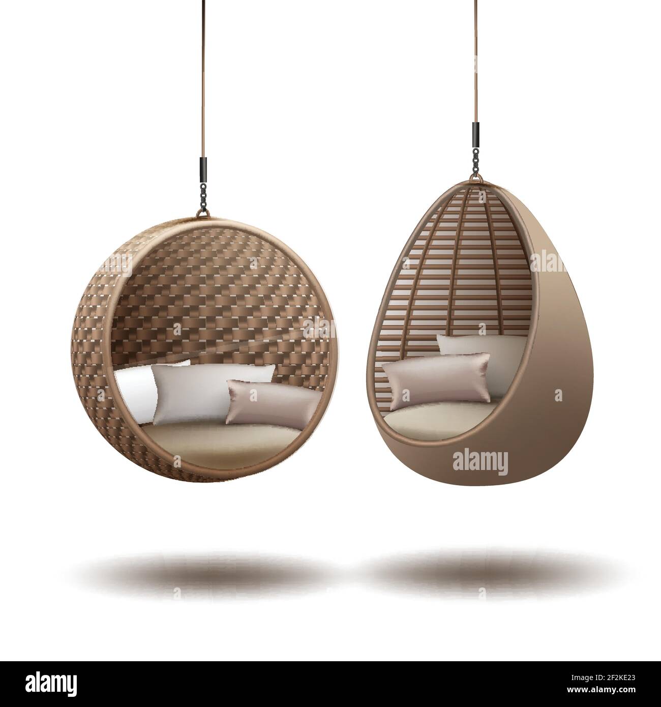Vector wicker hanging chairs swing hanging on a chain with cushions on white background Stock