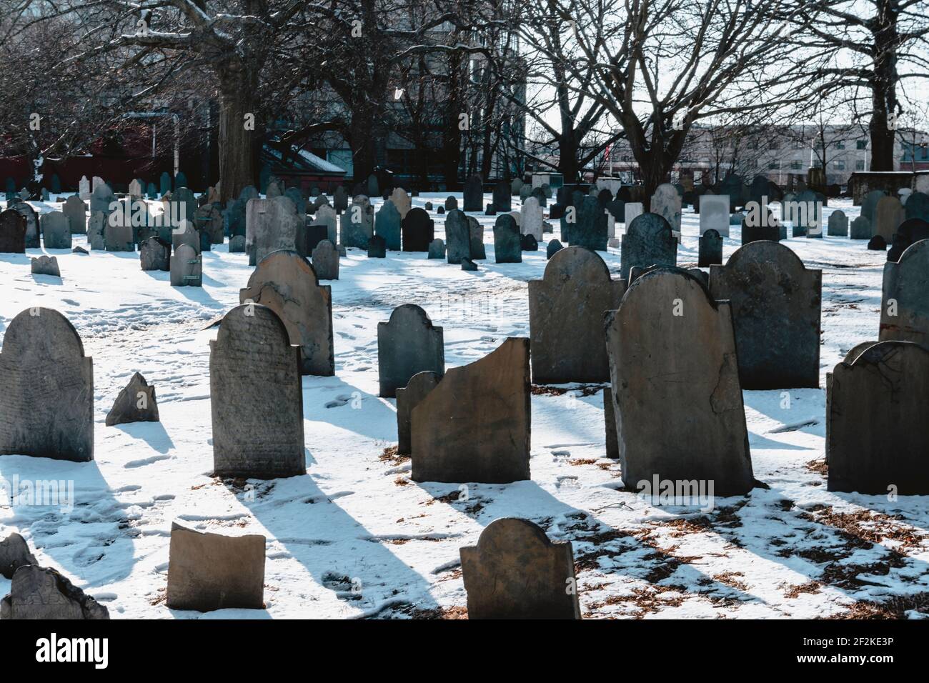 Winter in Witch City of Salem, Essex, New England, Boston, United States of America, Massachusetts, Graveyard of Witch burnings, Gravestone, Stock Photo