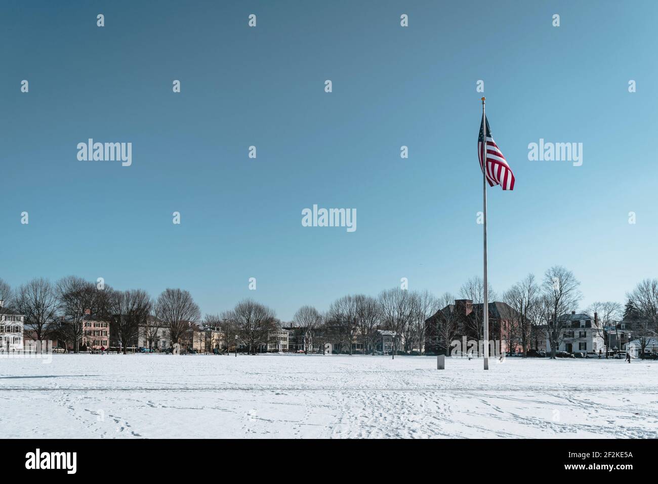 Winter in Witch City of Salem, Essex, New England, Boston, United States of America, Massachusetts, Flag of USA against Blue Sky Stock Photo