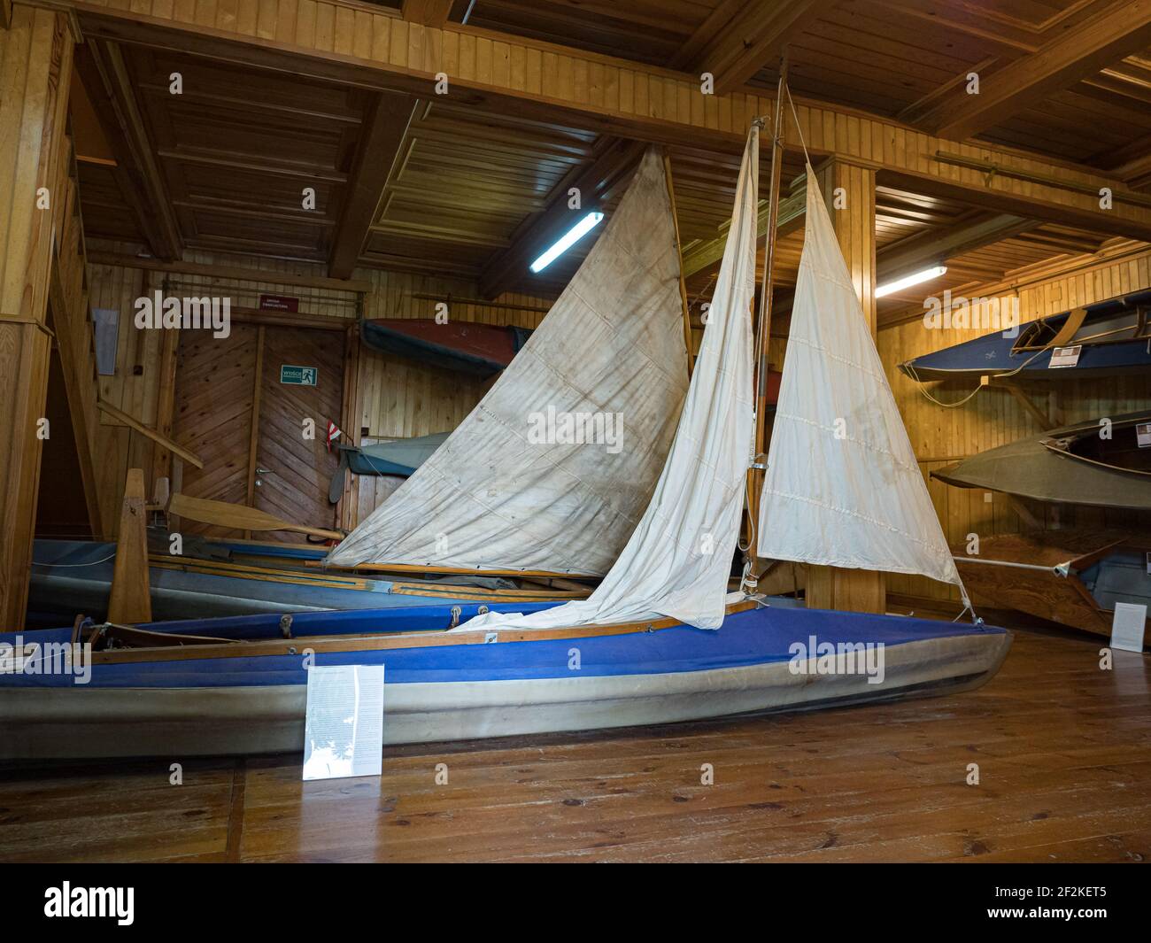 Drohiczyn, Poland - August 2018: Canoe with a sail and other exhibits at the Canoeing Museum in Drohiczyn on the Bug. Podlasie. Podlachia. Poland, Eur Stock Photo