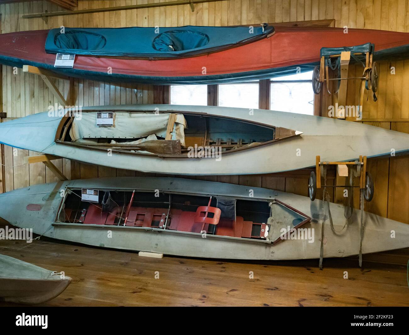 Drohiczyn, Poland - August 2018: Folding kayaks and other exhibits at the Canoeing Museum in Drohiczyn on the Bug. Podlasie. Podlachia. Poland, Europe Stock Photo