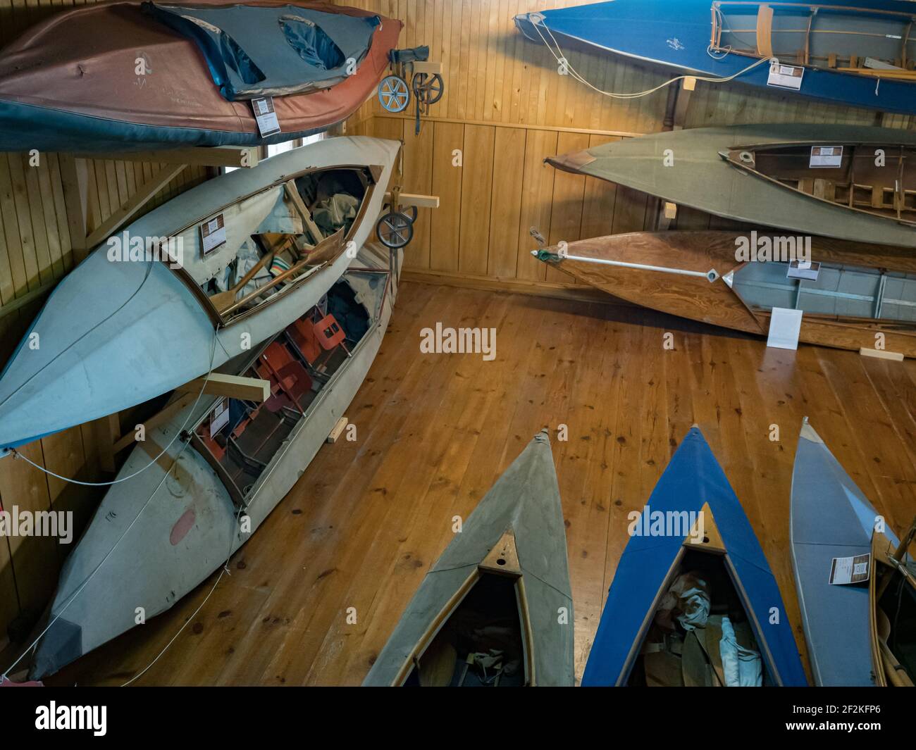 Drohiczyn, Poland - August 2018: Folding kayaks and other exhibits at the Canoeing Museum in Drohiczyn on the Bug. Podlasie. Podlachia. Poland, Europe Stock Photo