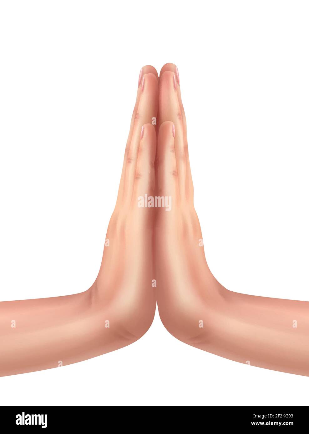 Human put the palms of the hands together in praying isolated on white background. Stock Vector