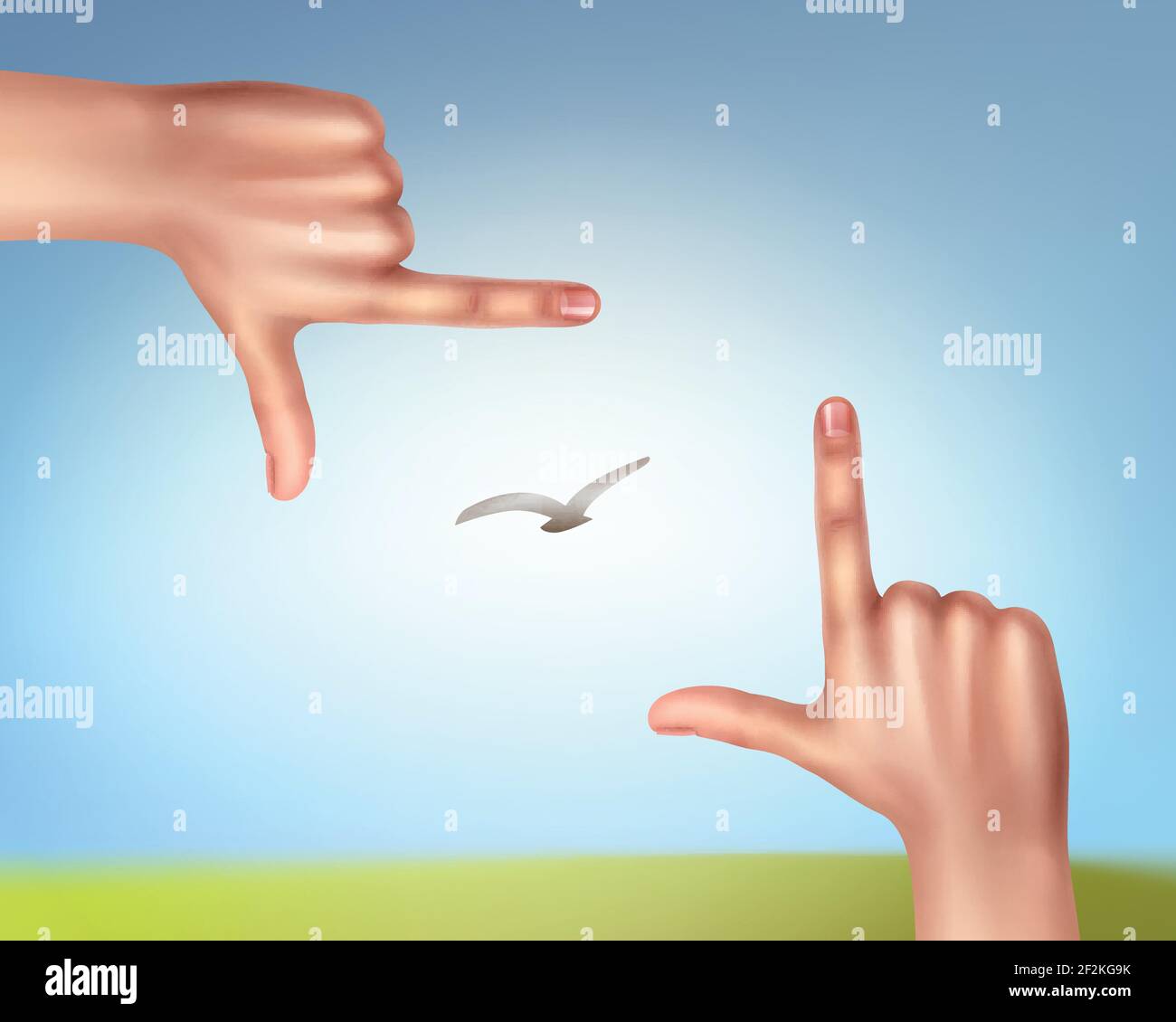 Vector illustration of hands making a frame of bird in sky. First-person view, isolated on background Stock Vector