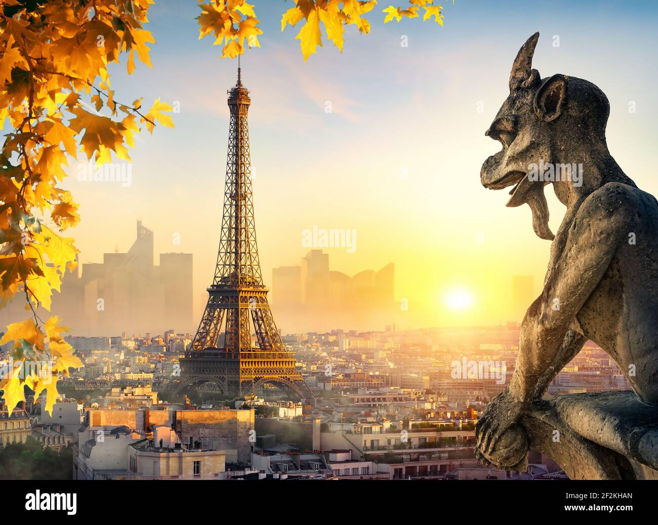 Stone Chimera and Eiffel Tower at sunset in Paris, France Stock Photo