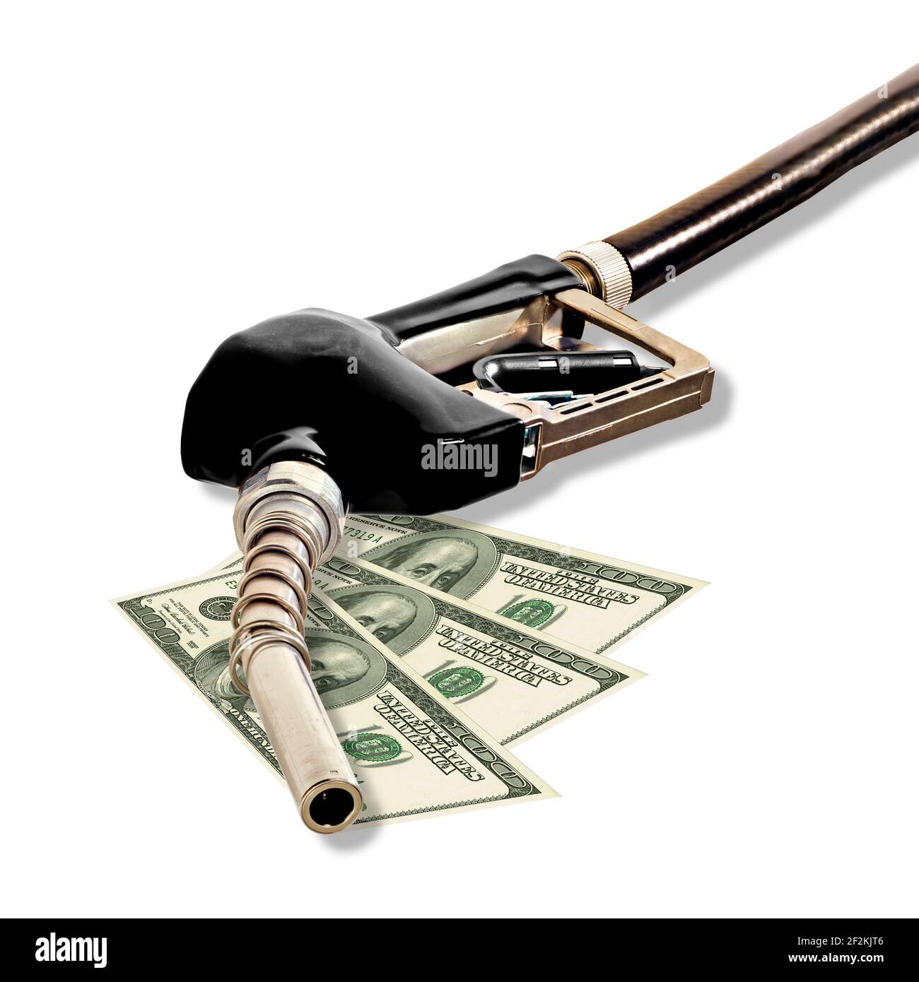 Vertical shot of a gasoline fuel nozzle laying on three fanned out 100 dollar bills on a white background.  Copy space. Stock Photo