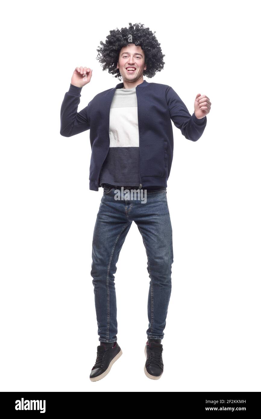 dancing funny guy in a curly wig Stock Photo Alamy
