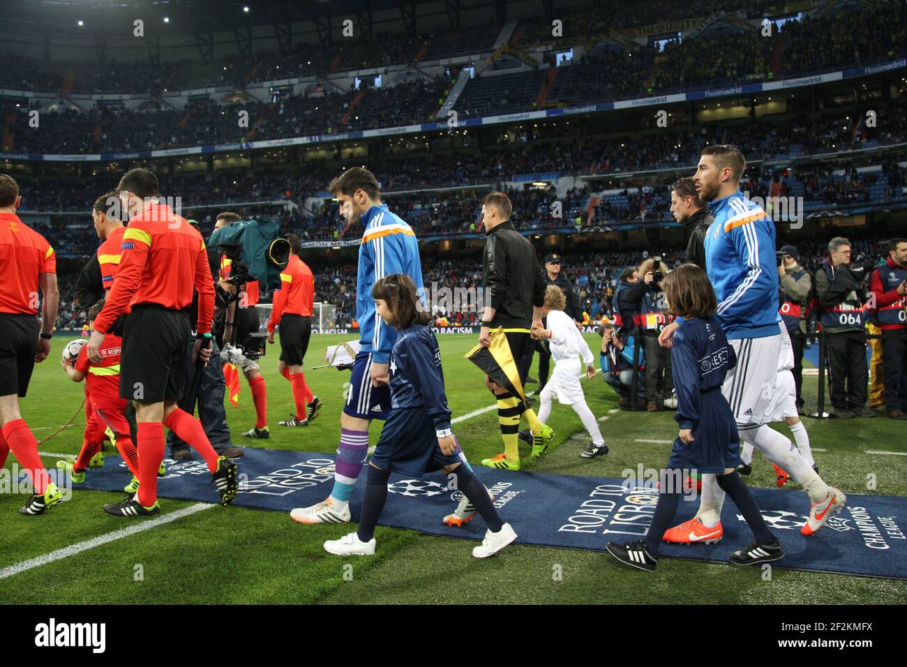 Football - UEFA Champions League 2013/2014 - 1/4 Final - 1st Leg - Real Madrid v Borussia Dortmund in Santiago Bernabeu Stadium on April 2 , 2014 in Madrid , Spain - Photo Manuel Blondeau / AOP PRESS / DPPI - Iker Casillas and Sergio Ramos of Real Madrid walk on to the pitch before the match Stock Photo
