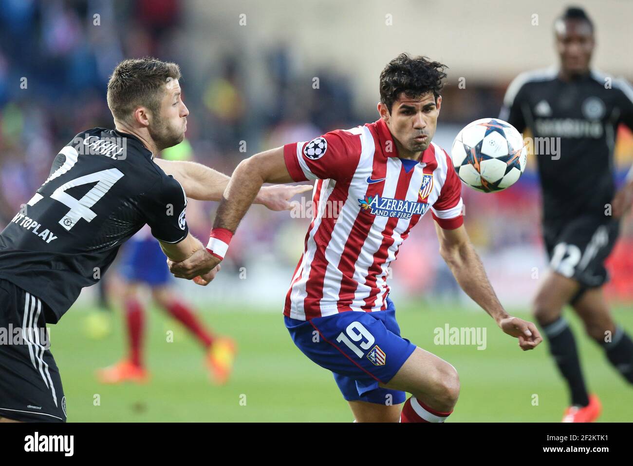 Diego Costa of Atletico de Madrid duels for the ball with Gary Cahill of Chelsea FC during the UEFA Champions League 2013/2014 football match semi final, first leg between Atletico Madrid and Chelsea on April 22, 2014 at Vicente Calderon stadium in Madrid, Spain. Photo Manuel Blondeau / AOP Press / DPPI Stock Photo