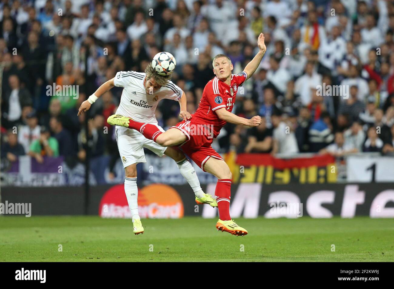 Bastian Schweinsteiger of FC Bayern Munich duels for the ball with Fabio Coentrao of Real Madrid during the UEFA Champions League 2013/2014 football match semi final, first leg between Real Madrid and Bayern Munich on April 23, 2014 at Santiago Bernabeu stadium in Madrid, Spain. Photo Manuel Blondeau / AOP Press / DPPI Stock Photo