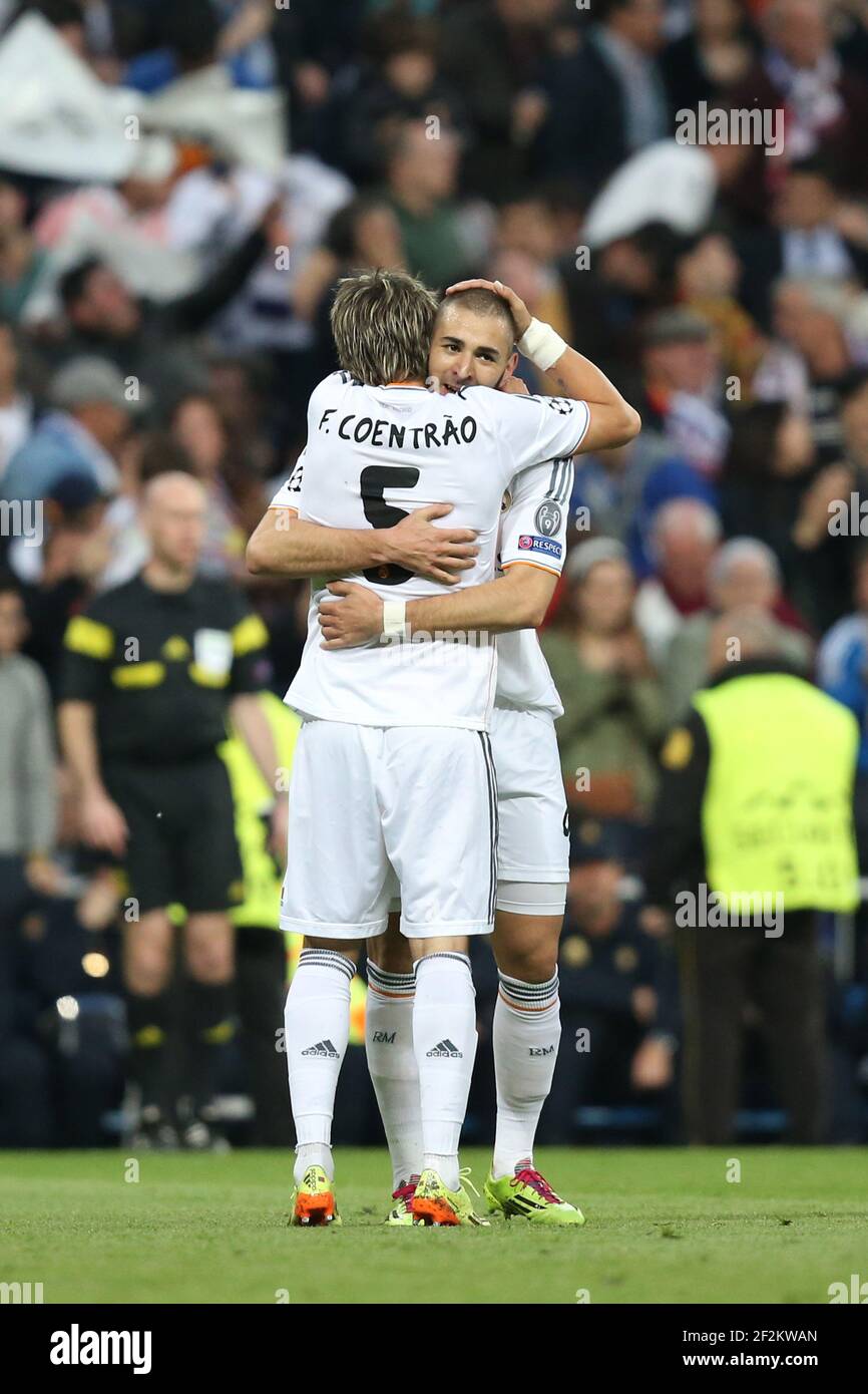 Karim Benzema of Real Madrid celebrates with Fabio Coentrao after scoring his side's opening goal during the UEFA Champions League 2013/2014 football match semi final, first leg between Real Madrid and Bayern Munich on April 23, 2014 at Santiago Bernabeu stadium in Madrid, Spain. Photo Manuel Blondeau / AOP Press / DPPI Stock Photo